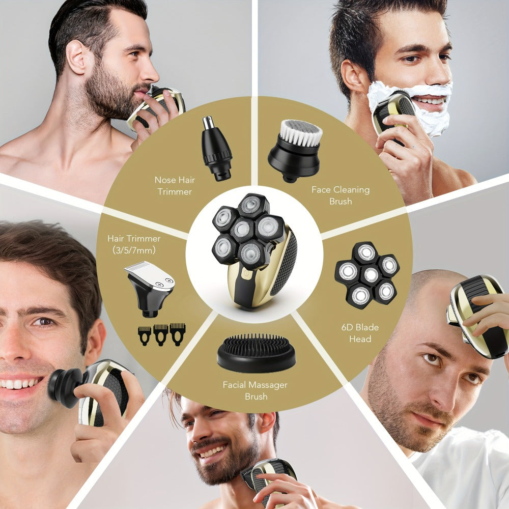 Electric Head Shaver for Bald Men 7D 7 Floating Heads — All-in-One Grooming Kit with Nose Hair Trimmer & Facial Cleaning Brush, 1.5H Fast Charging, Travel Lock, Rechargeable Men's Razor Gift Set (Blue/Black/Gold/Coffee)