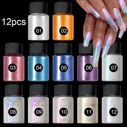 Aurora Nail Powder 12 Colors Chrome Pearl Glitter Neon Dust Holographic Iridescent Pigment Set for Chrome Nail Art Dipping Powder Decoration Nail Charms Gel Acrylic