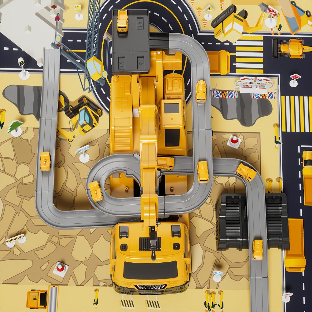 3-in-1 Crane Excavator & Racing Track Toy Set for Kids Ages 3+ – Construction Vehicle Playset with Lights & Sounds, 8 Cars Included, STEM Birthday Christmas Gift for Boys Toddlers