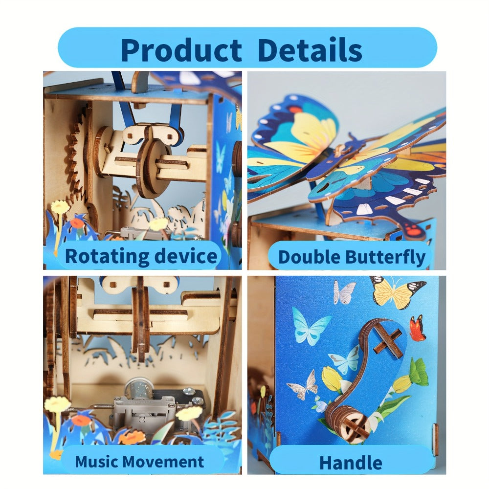 Wooden Butterfly Music Box Puzzle – "You Are My Sunshine" Handmade Assembly Model Kit, Colour Butterfly & Music Box, Romantic Birthday Valentine's Day Christmas Gift for Women Girls