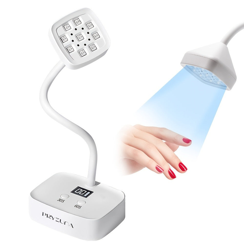 Gooseneck LED Nail Lamp 360° Flexible Portable USB Rechargeable Gel Nail Dryer Auto Sensor LCD Display 2 Timer Settings 9-Bead Dual Light Quick Dry for Home Salon Gel Polish Nail Art White