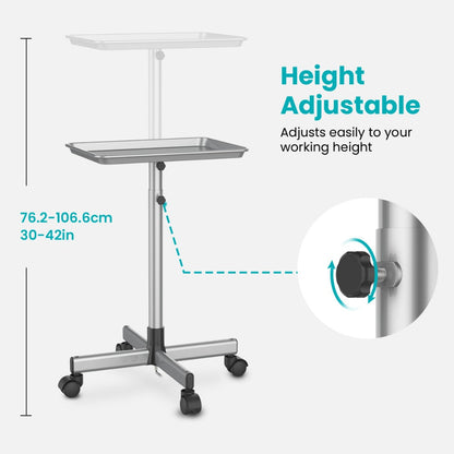 Salon Trolley Cart Height Adjustable 30 to 42 Inch Rolling Tray Table on Wheels Lockable Casters for Hair Stylist Barber Esthetician Nail Salon Spa Beauty Station Silver