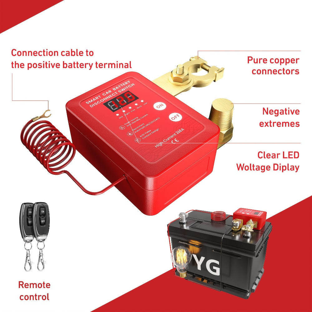 Wireless Battery Kill Switch – 12V/24V 240A Remote Control Cutoff with LED Voltage Indicator, Auto Shutdown, Emergency Stop for Car Truck Boat RV ATV Motorcycle