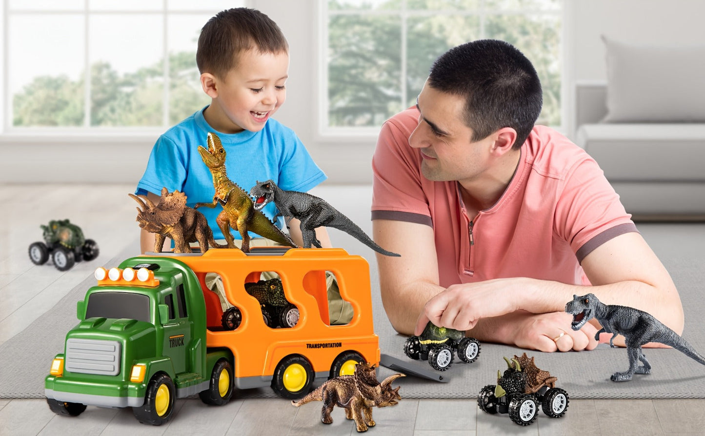 Push-Action Dinosaur Truck Toy 7-in-1 for Kids Ages 3-5 with 3 Dino Figures & 3 Mini Cars – Friction Vehicle LED Lights & Roaring Sound Effects Monster Dino Car Birthday Christmas Gift Boys