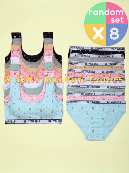 8-Pack Girls' Training Bra and Panty Set - Breathable Everyday Comfort