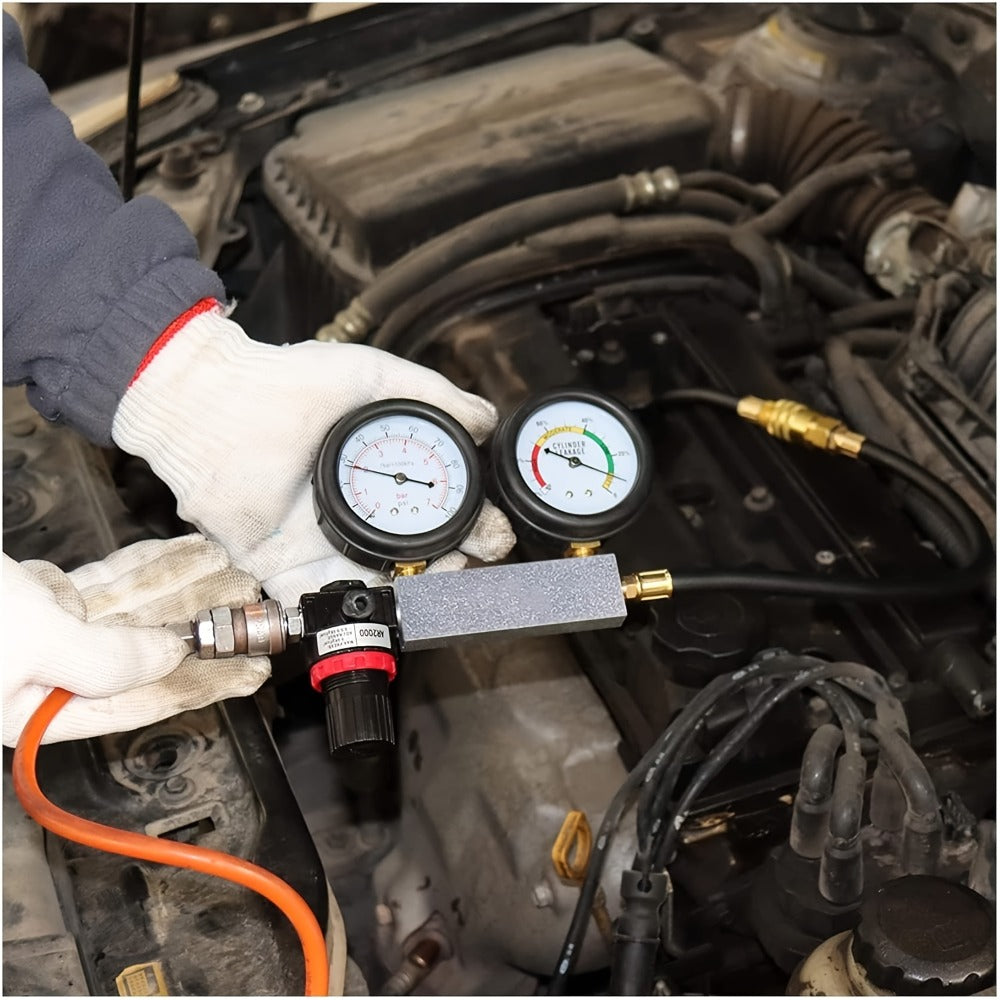 Engine Compression Tester and Cylinder Leak Down Tester Kit TU-21 Dual Gauge Leakdown Detector for Car Motorcycle Truck Gasoline Engine Pressure Diagnostic Tool