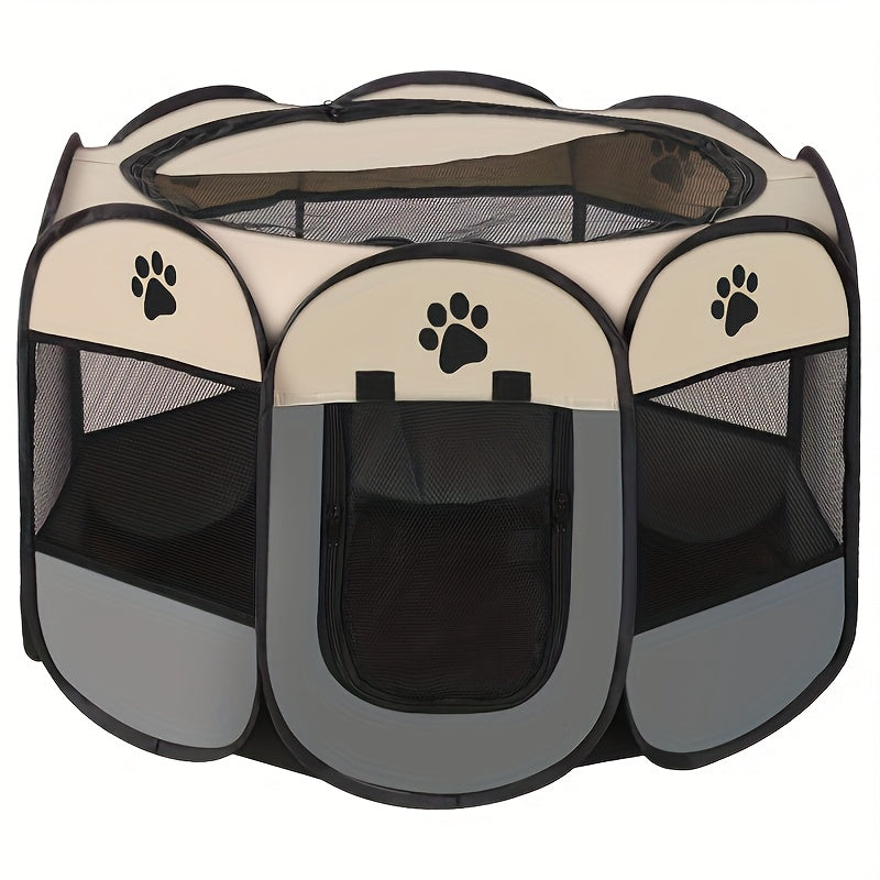 Octagonal Foldable Pet Playpen Tent for Dogs & Cats - Oxford Fabric Scratch-Resistant Portable Dog Kennel Cat Enclosure Maternity Room, Indoor Outdoor Use, M L XL Sizes, Blue & Beige