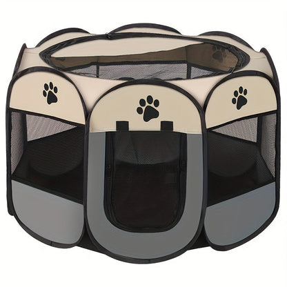 Octagonal Foldable Pet Playpen Tent for Dogs & Cats - Oxford Fabric Scratch-Resistant Portable Dog Kennel Cat Enclosure Maternity Room, Indoor Outdoor Use, M L XL Sizes, Blue & Beige