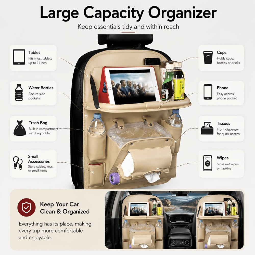 Car Back Seat Organizer with Foldable Tray – Multi-Pocket PU Hanging Storage Bag, Tissue Holder & Footrest Protector for Car Interior | Black, Beige, Brown, Grey