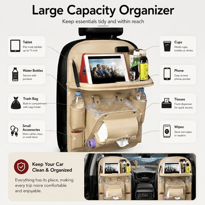Car Back Seat Organizer with Foldable Tray – Multi-Pocket PU Hanging Storage Bag, Tissue Holder & Footrest Protector for Car Interior | Black, Beige, Brown, Grey