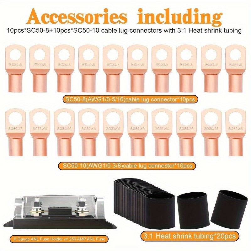 1/0 Gauge Copper-Clad Aluminum (CCA) Wire, (20ft Red + 20ft Black), (25ft Black + 25ft Red), with 20 Terminals, 20 Heat-shrink Tubes, And 1 Fuse Box; Battery Power/ground Cables, Car Audio Speakers, RV/trailer Amp Wiring Kits
