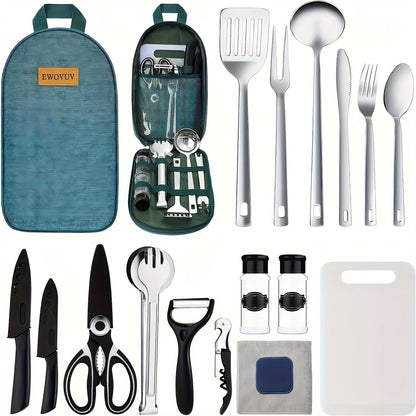Camping Cookware Set Outdoor Kitchen Cooking Kit – Essential Camp Gear for Barbecue, Meal Prep & Outdoor Cooking at Campsites & Parks – 3 Colors: Green, Black, Cyan