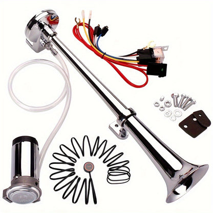 ALLREY 12V Air Horn Kit, Super Loud 18 Inches Single Trumpet Truck Horn, Train Horn with Compressor for Any 12V Vehicles Silvery Black