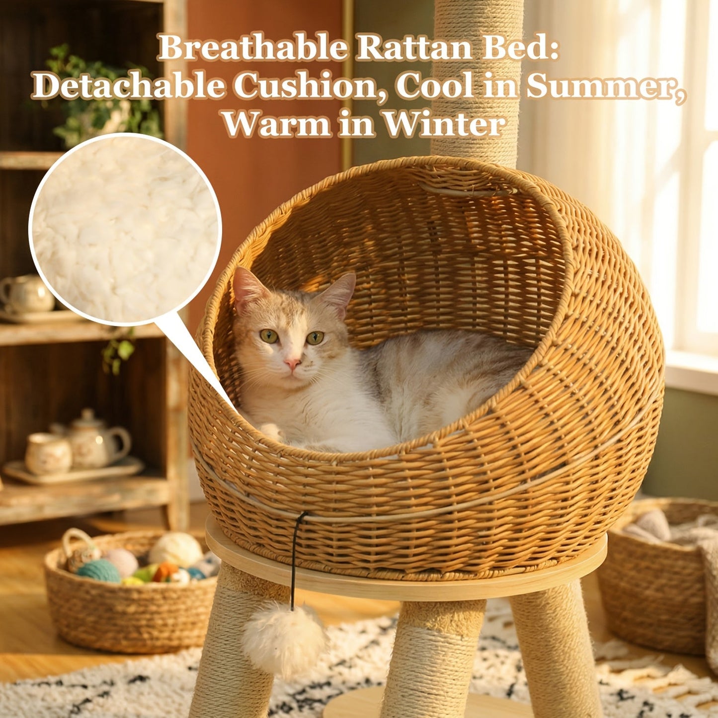 Dinosaur Cat Tree Tower 46 Inch – Large Rattan Cat House with 4 Sisal Scratching Posts, Wicker Bed & Removable Mat, Multi-Level Platform for Large Indoor Cats, Maine Coon Friendly, Brown