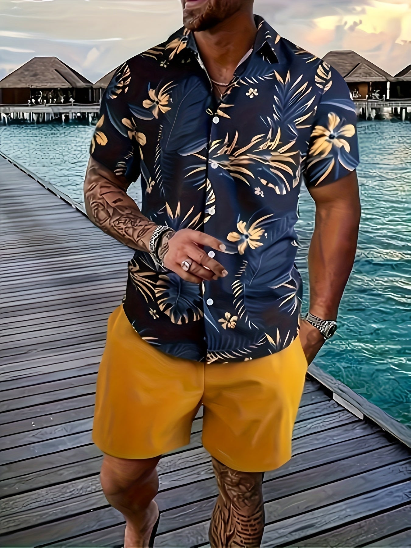 Men's Tropical Print Shirt - Collared Short Sleeve 489765