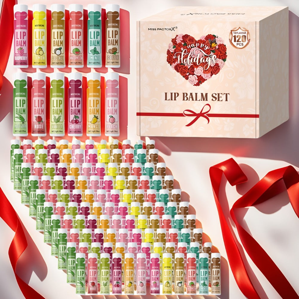 Moisturizing Lip Balm Bulk Set 120 Pcs — 12 Flavors Lip Butter with Jojoba Oil, Glossy Natural Shine Long-Lasting Hydration for All Skin Types, Holiday Party Favor Gift for Women Girls