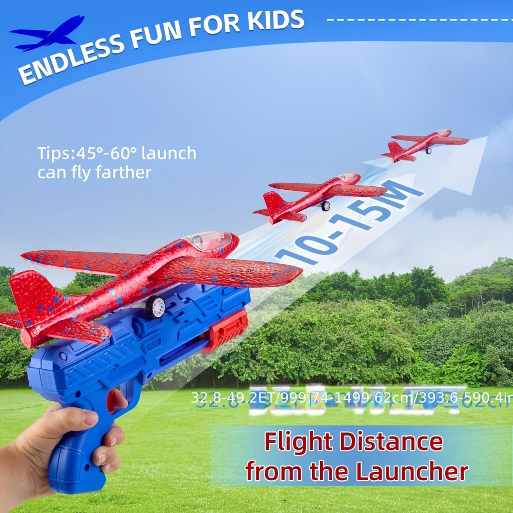 Foam Airplane Launcher Toy Set with 3 Foam Planes & Catapult – 2 Flight Modes Outdoor Flying Glider Toy for Kids Boys Girls Ages 3+, Birthday Gift