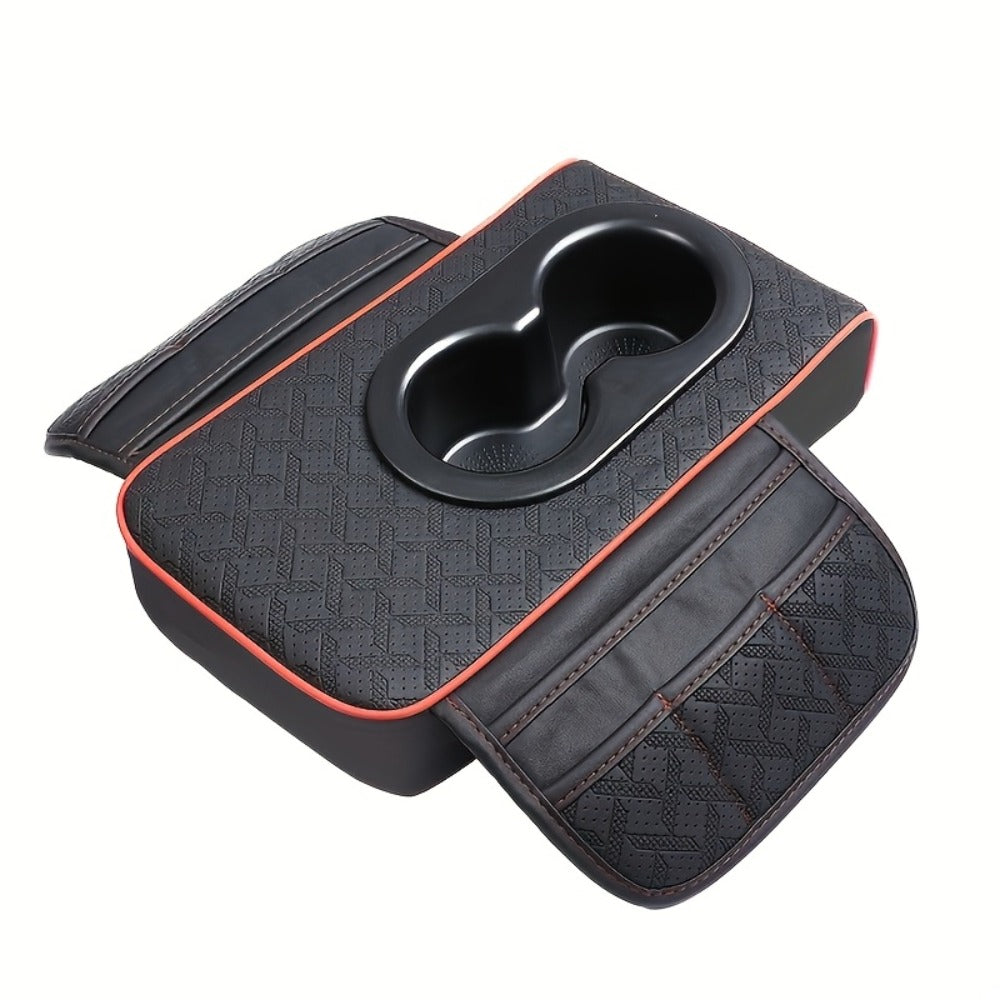 Car Center Console Cover PU Leather – Universal Armrest Box Mat with 2 Cup Holders & 2 Side Pockets, Phone & Card Storage, Fits Most Car Models, Optional Tissue Box