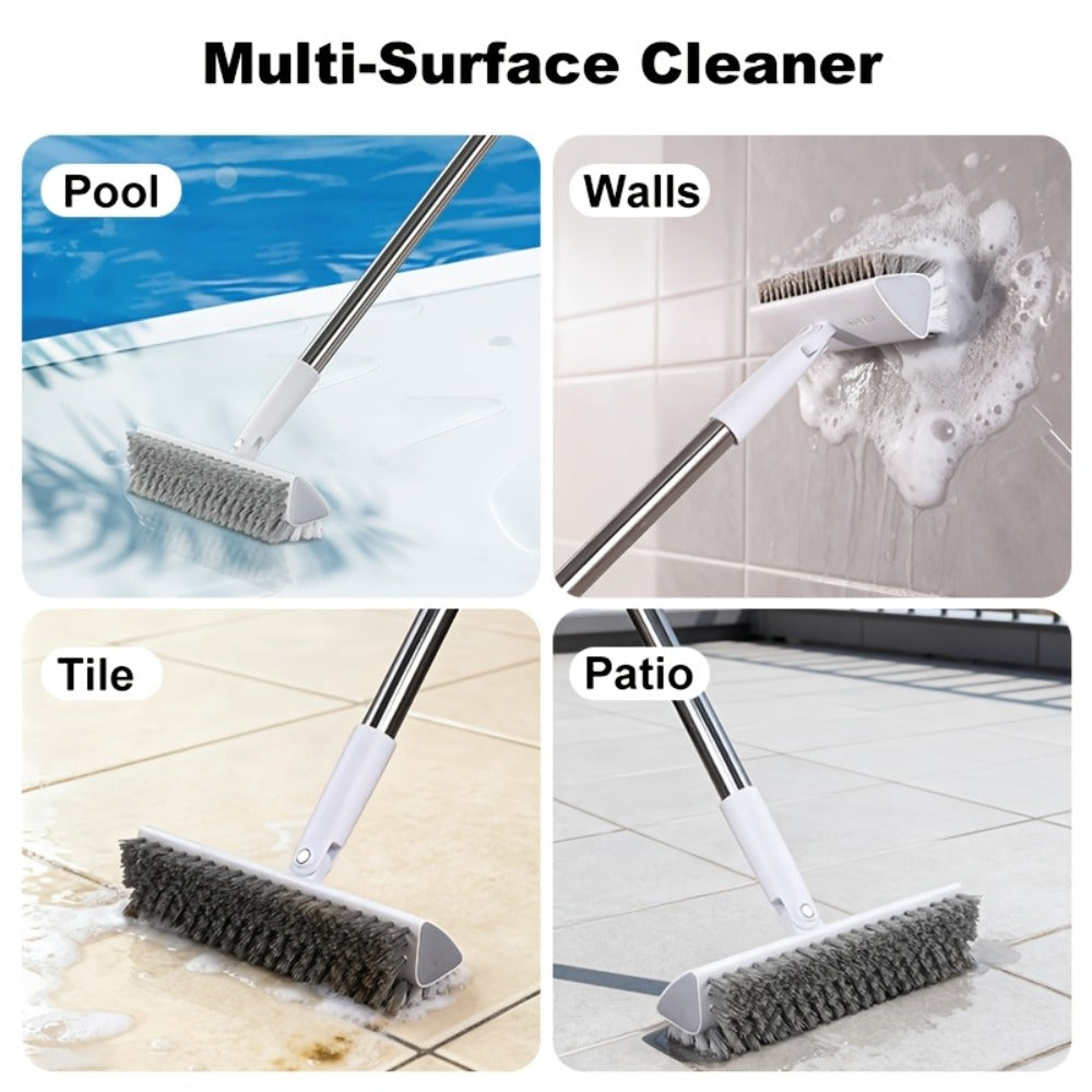 Cleaning Brush with Long Handle 180° Rotating Double-Sided Stiff Bristles Floor Scrub Brush for Bathroom Kitchen Patio Tile Shower Outdoor Heavy Duty Multi-Purpose Scrubber with Stainless Steel Handle
