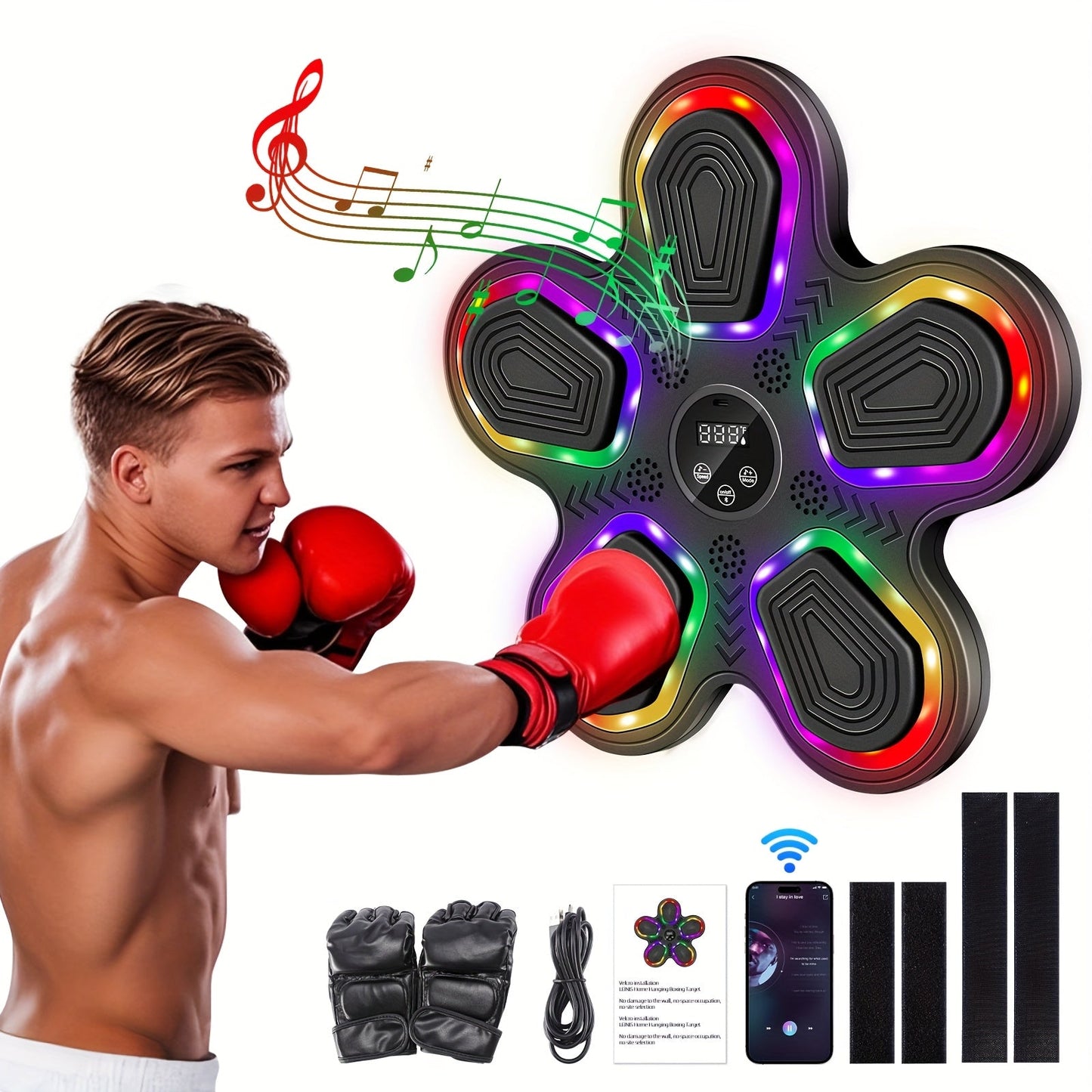 Wall-Mounted Music Boxing Machine – Smart LED Rhythm Trainer with Boxing Gloves, Touch Screen & Surround Sound for Home & Gym