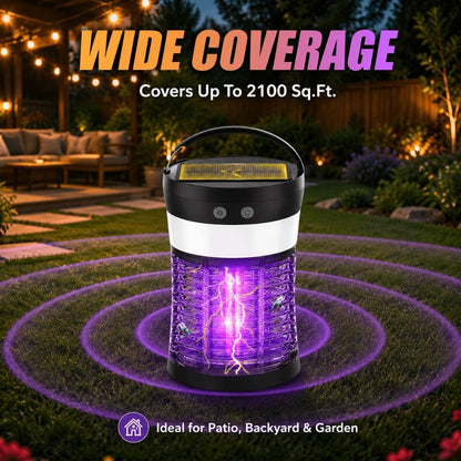 Solar Bug Zapper Electric 3-in-1 – 3000V UV 365nm Mosquito Killer Rechargeable Insect Fly Trap with White Light & Flashlight, 2100 Sq Ft Coverage for Indoor Outdoor Home Patio Backyard Camping – Black