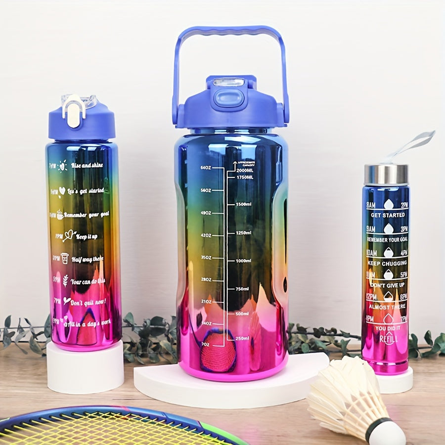 Electroplated Sports Water Bottle Set 3-Pack 64oz 27oz 15oz | Leak-Proof Gradient Bottles with Straw & Time Marker for Gym Office School & Workout