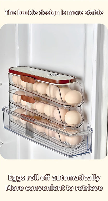 Egg Organizer for Refrigerator, Multi-Layer Auto-Rolling Egg Rack with Large Capacity – Space-Saving Egg Storage Dispenser for Fridge, Cabinet & Countertop, Ideal for Busy Families