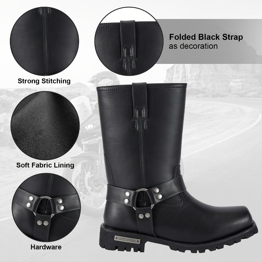 Men's Motorcycle Boots 11" Harness – PU Leather Non-Slip Square Toe Mid-Calf Biker Boots, Abrasion Resistant All-Season Riding Boots, Sizes US 8 to US 14, Black