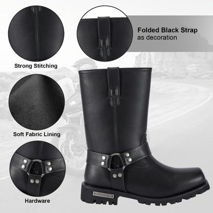Men's Motorcycle Boots 11" Harness – PU Leather Non-Slip Square Toe Mid-Calf Biker Boots, Abrasion Resistant All-Season Riding Boots, Sizes US 8 to US 14, Black