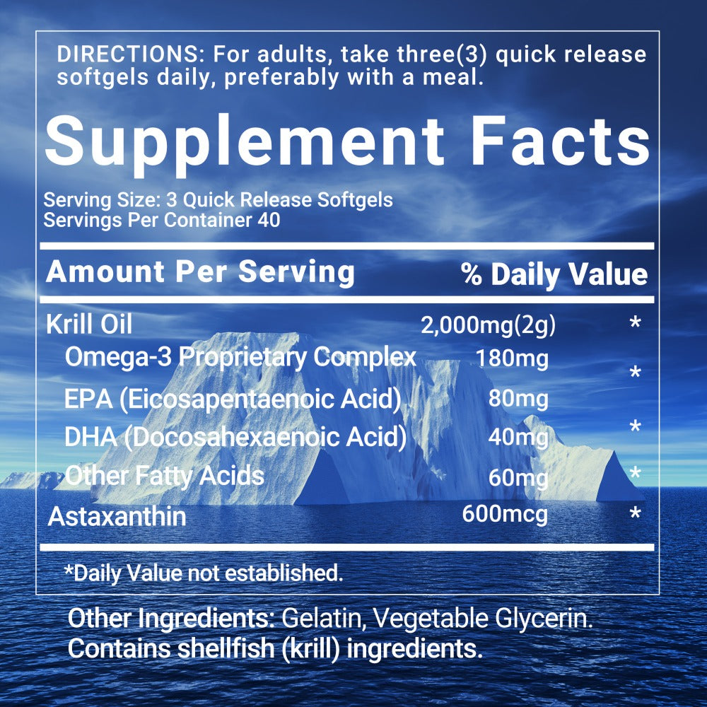 Antarctic Krill Oil 2000mg Softgels 120 Count with Astaxanthin EPA & DHA — High Absorption Omega-3 for Bone Immune Heart & Joint Health Support for Women and Men Gluten-Free