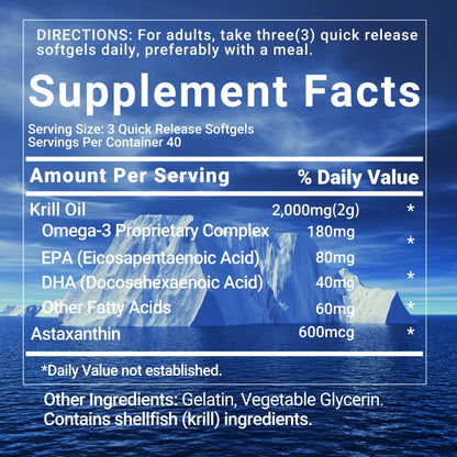 Antarctic Krill Oil 2000mg Softgels 120 Count with Astaxanthin EPA & DHA — High Absorption Omega-3 for Bone Immune Heart & Joint Health Support for Women and Men Gluten-Free