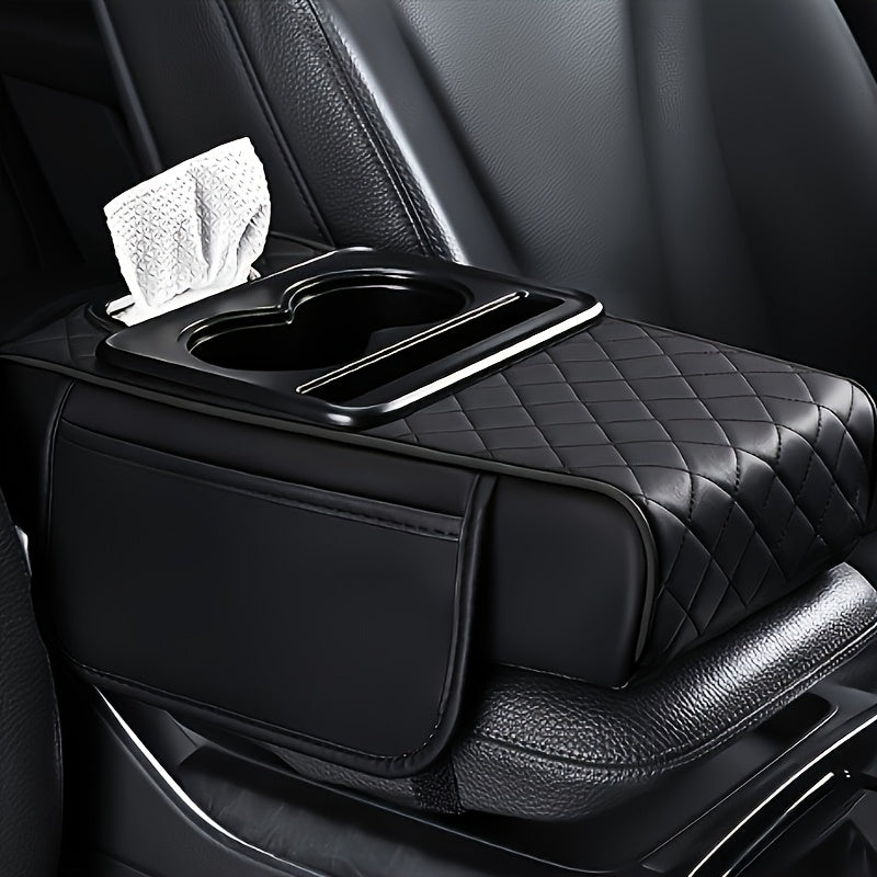 [PU Leather Console Mat] Universal Car Armrest Box Cover, PU Leather Center Console Mat With 2 Side Pockets + 2 Cup Holders, Multi-Functional Storage For Phone/Water Bottle/Cards, Fits Most Car Models, Tissue Box Replacement 3pcs Set-1