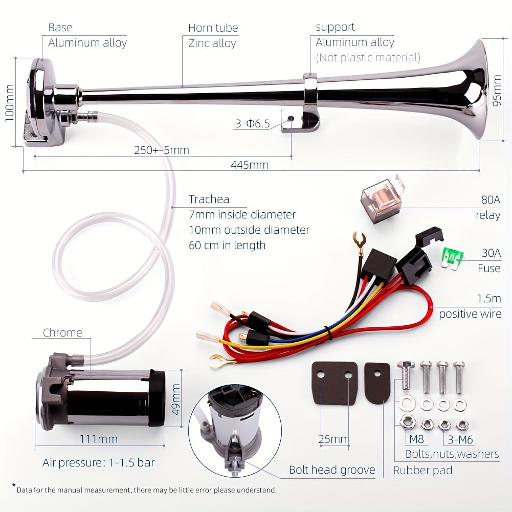 ALLREY 12V Air Horn Kit, Super Loud 18 Inches Single Trumpet Truck Horn, Train Horn with Compressor for Any 12V Vehicles Silvery Black