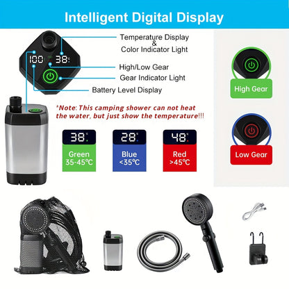 Portable Shower, Compact & Lightweight, 6000mAh Battery, 120 Min Runtime, 6 Shower Modes, Smart Digital Display, 3-in-1 Hook Design, For Camping, Hiking, Pet Cleaning, Car Washing, Beach Use, Outdoor Travel Essential