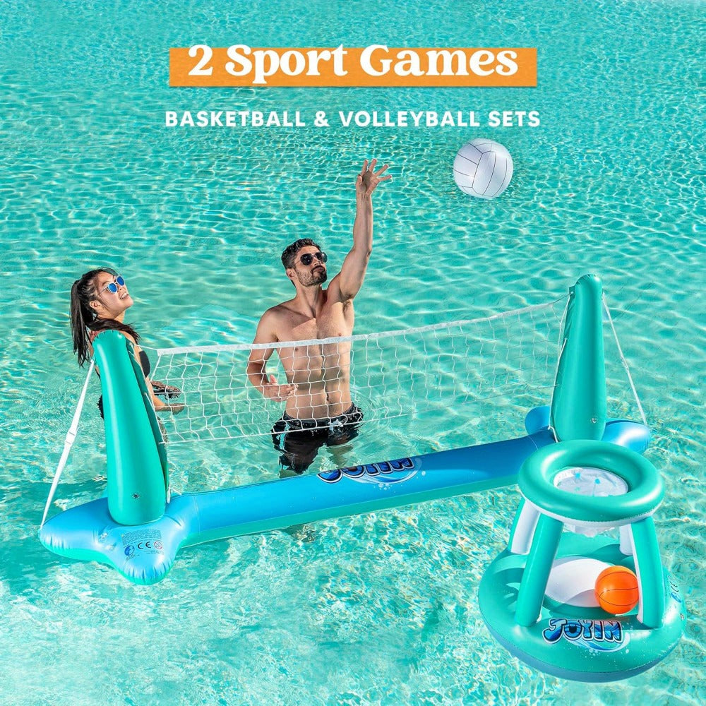 Inflatable Pool Volleyball Set with Basketball Hoop – 2-in-1 Floating Net Court Game for Kids & Adults, Summer Pool Party Toy, Outdoor Swim Sport, Backyard Water Fun