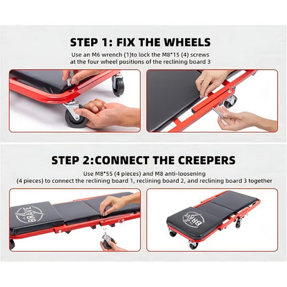 Mechanic Creeper Seat 3-in-1 Heavy Duty 36" – Folding Crawler with Adjustable Z-Seat, 6 Lockable Casters, 350–650 lb Capacity for Auto Repair