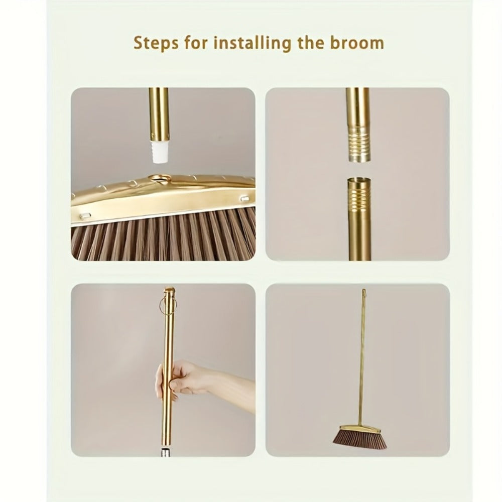 Broom and Dustpan Set Premium Golden Stainless Steel Extra Long Handle Microfiber Bristles V-Shape Leakproof Dustpan Heavy Duty Indoor Outdoor Sweeper for Kitchen Patio Hardwood Tile Floor