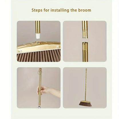 Broom and Dustpan Set Premium Golden Stainless Steel Extra Long Handle Microfiber Bristles V-Shape Leakproof Dustpan Heavy Duty Indoor Outdoor Sweeper for Kitchen Patio Hardwood Tile Floor