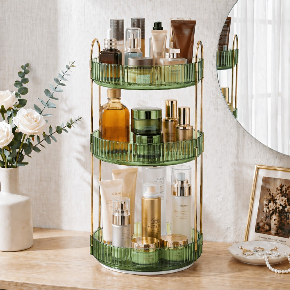 360° Swivel Makeup Organizer 3-Tier Rotating Countertop Storage Rack – Large Capacity Bathroom Dresser Vanity Organizer for Perfume, Skincare & Cosmetics, Green Amber Clear