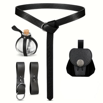 Medieval Belt Set 5pcs Viking Renaissance Faux Leather Harness with Potion Bottle Bag – LARP Halloween Cosplay Renaissance Fair Themed Party Role Play Costume Accessory, Black & Brown