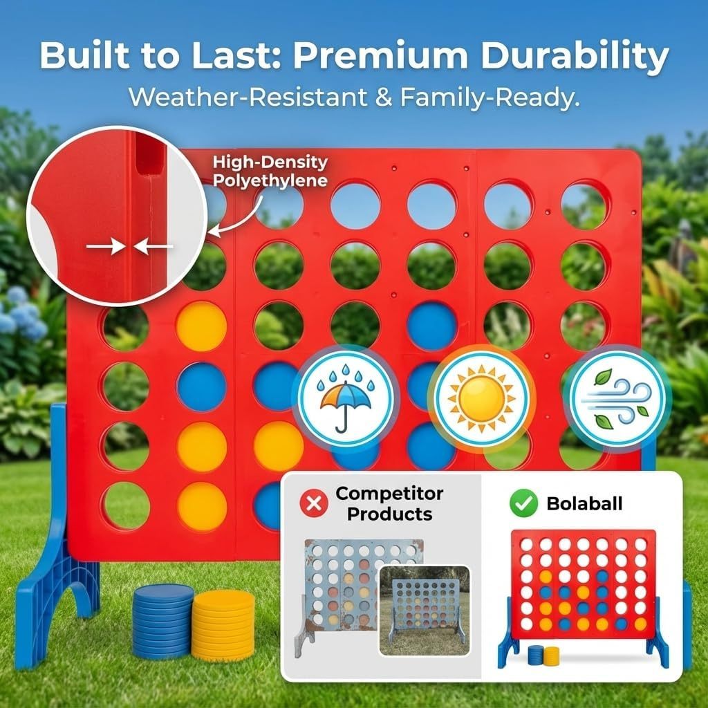 Giant Connect Four Game 1.8FT - Jumbo 4 in a Row Outdoor Lawn Game with 42 Discs & Storage Bag for Adults Kids Family | Wooden & Plastic Yard Game for BBQ Camping Party Holiday - Indoor Outdoor