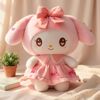 Kuromi My Melody Plush Doll Princess Dress – Soft Collectible Sanrio Stuffed Animal with Pink Bow & Ruffled Collar, Kawaii Room Decor Birthday Christmas Gift for Girls