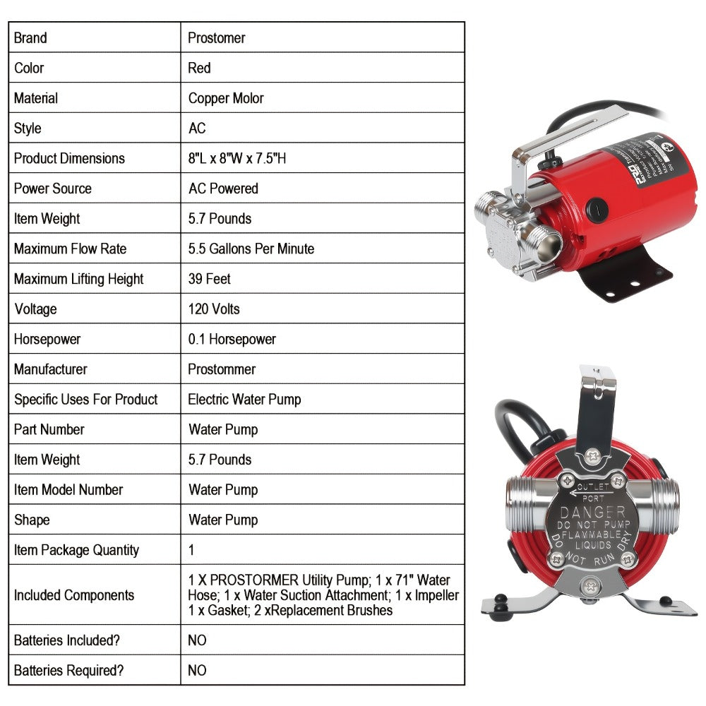 Portable Electric Water Pump 330 GPH – 1/10 HP 120V Heavy Duty Utility Pump with Hose, High-Flow Water Transfer Pump for Pool Drain, Flood Removal, Sump, Aquarium & Household Water Transfer (AC)