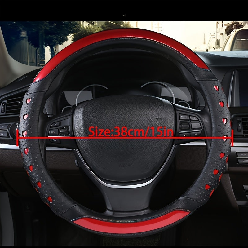 Stylish Faux Leather Steering Wheel Cover With Heart Pattern - Non-Slip, Wear-Resistant, Anti-Aging, All-Season Use, Sports Style Interior Accessory, Ideal Gift For Car Enthusiasts, Car Interior Accessory | Heart Pattern Design