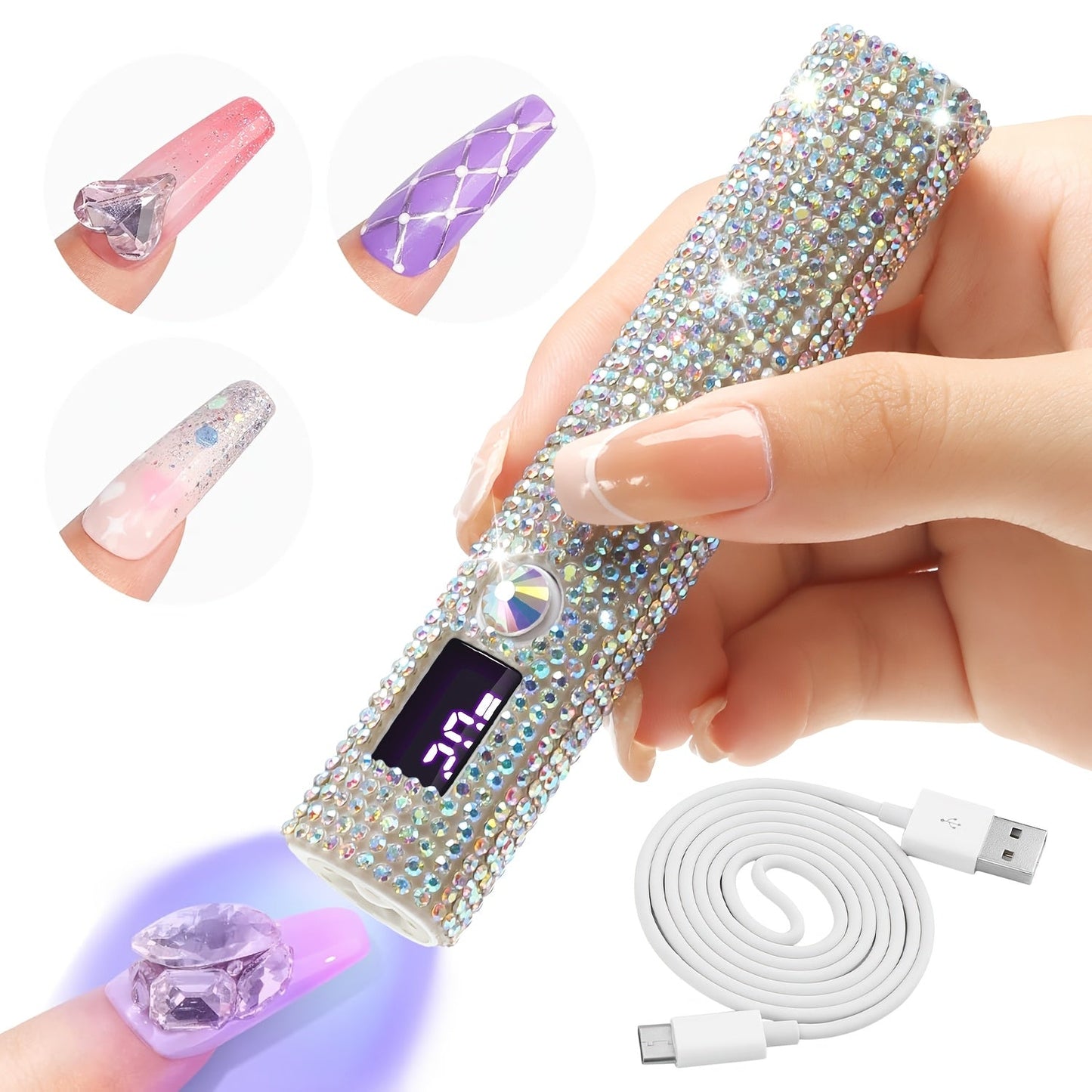 Handheld LED Nail Lamp USB Rechargeable with LCD Display Quick-Dry Gel Polish Curer - Portable Nail Dryer for Fingers & Toes Home Salon Manicure Pedicure, Silvery Diamond Design for Nail Techs & DIYers