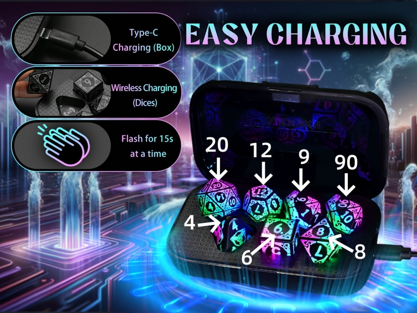 LED Dice Set 7pcs Wireless Rechargeable Light Up – Colorful Glowing Polyhedral Dice with Charging Box, D4 D6 D8 D10 D12 D20 for DnD RPG Tabletop Games, Gamer Gift Halloween Christmas Birthday