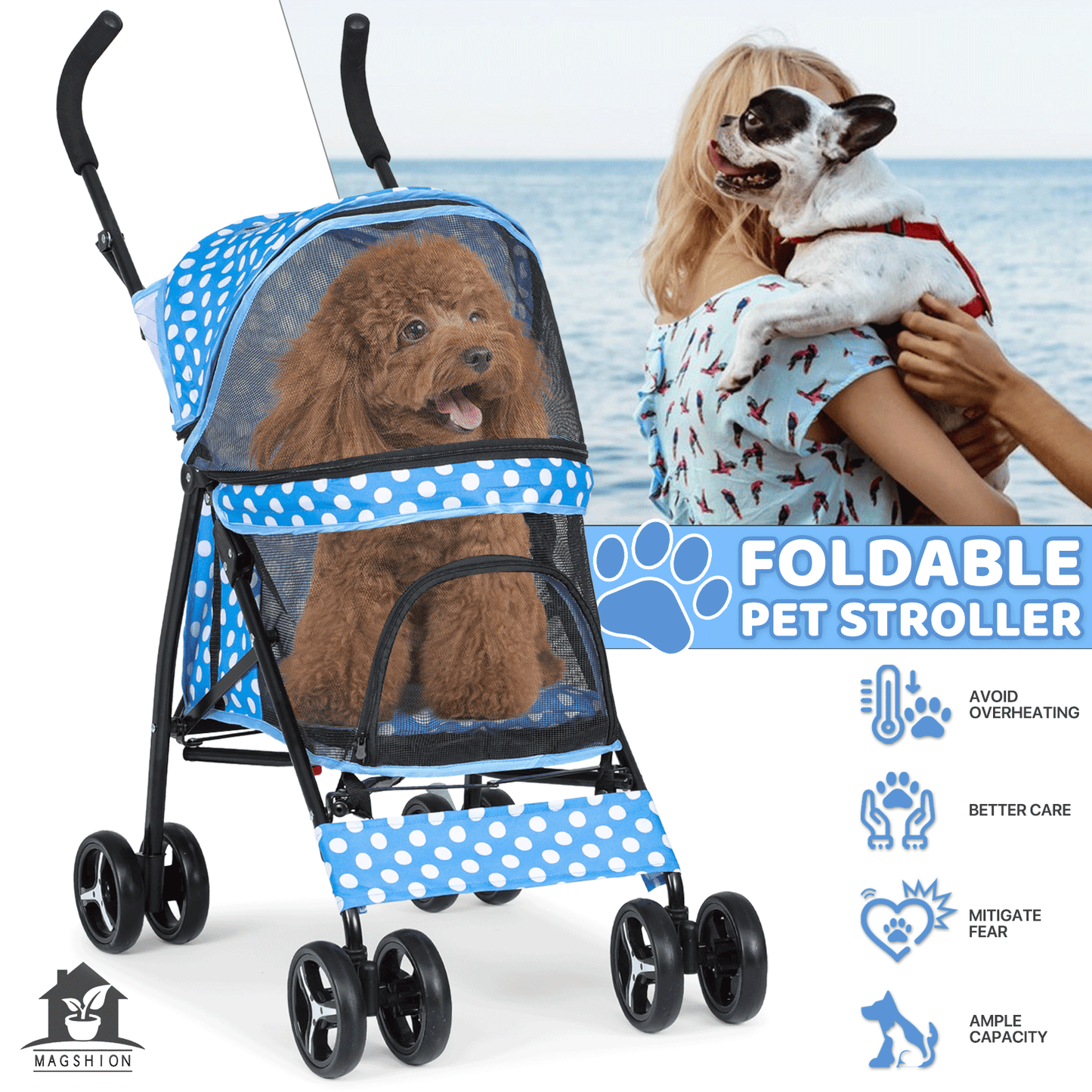 Pet Dog Cat Stroller with 4 Wheels - Foldable Jogger Pet Stroller for Small Medium Dogs & Cats up to 33 lbs, Breathable Mesh Windows, 360° Swivel Wheels, Cup Holder & Storage Basket, 10 Colors