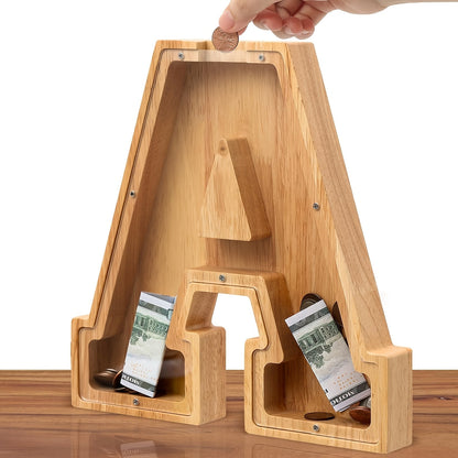 Personalized Wooden Piggy Bank for Kids – A-Z Alphabet Letter Initial Coin & Bill Savings Bank for Boys & Girls, Toddlers to Big Kids | Birthday Christmas Baby Shower Gift | Financial Literacy Toy & Room Decor