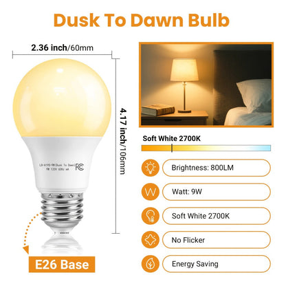 Dusk to Dawn Light Bulb A19 9W 800 Lumens 60W Equivalent with Auto On Off Photocell Sensor – E26 Base Soft White 2700K & Daylight 5000K 80+ CRI Indoor Outdoor Porch Security Lighting, 6 Pack