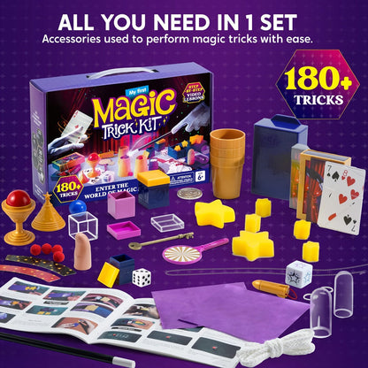 180+ Magic Tricks Kit for Kids – Complete Magician Starter Set with Step-by-Step Video Lessons, Magic Wand, Illusion Cards & Classic Props | Birthday Christmas Gift for Boys Girls Ages 6+